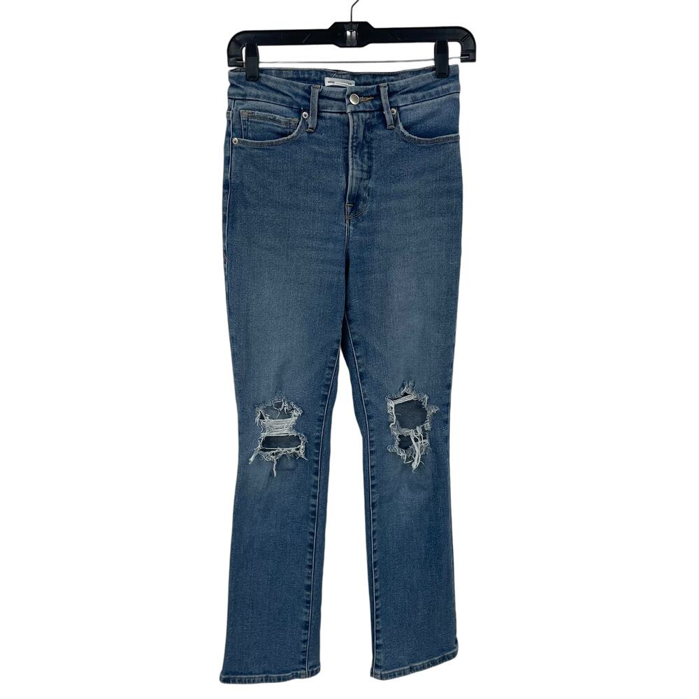 Good American High Rise Light Wash Denim Distressed Jean Womens 0